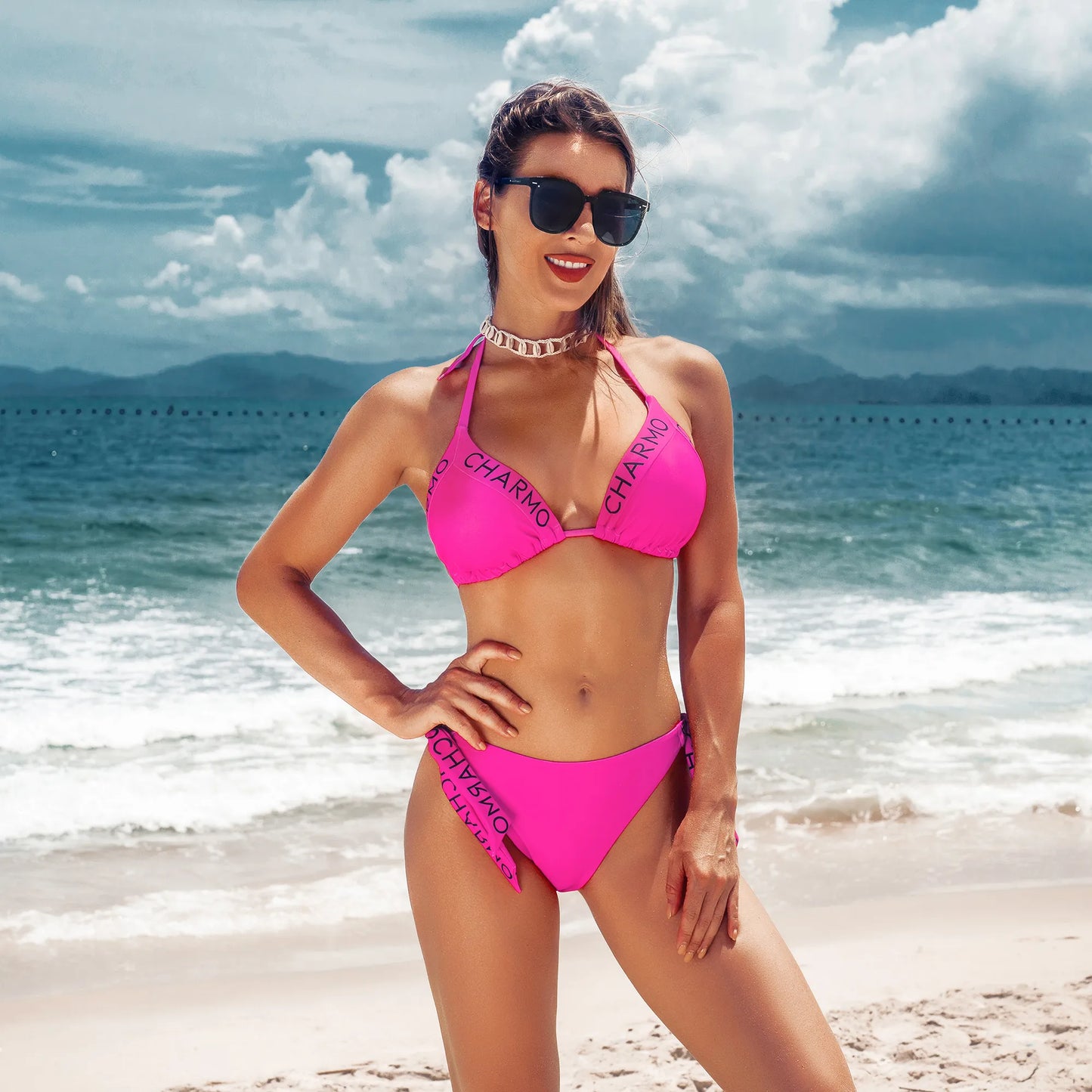 Women's V Neck Solid Logo Print Triangle Bikini Set Two Piece Set Swimsuit Bathing Suit Swimwear Beach Suit - The Clothing Company Sydney