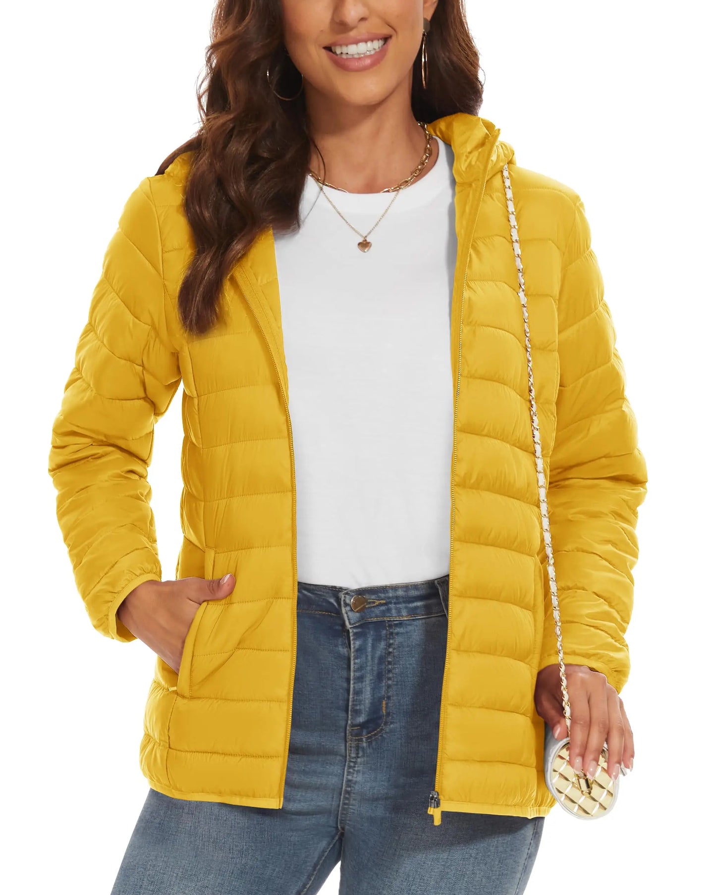 Full Zip Up Hooded Puffer Women's Winter Quilted Warm Down Coats Casual Windbreaker Padded Outwear Outdoor Jacket - The Clothing Company Sydney