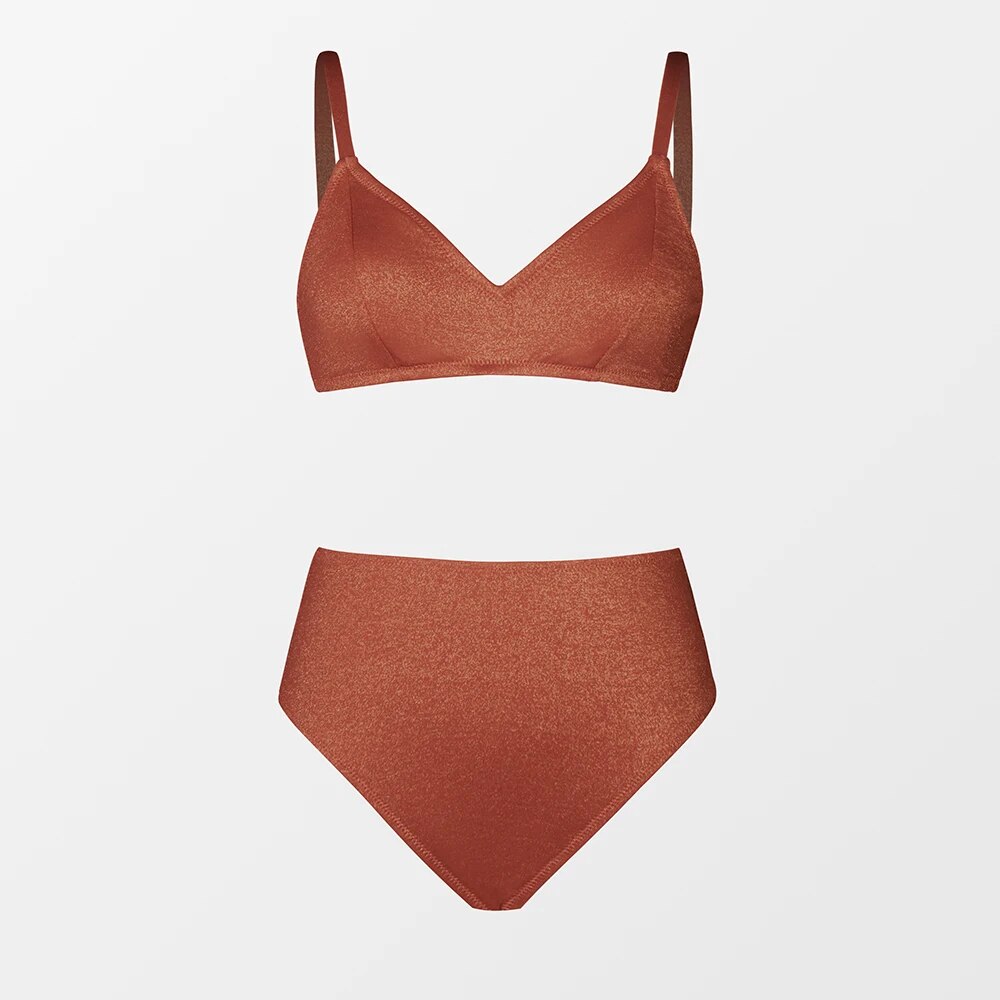 2 Piece Shiny Brick Red High Waist Bikini Sets Swimsuit  V-neck Two Pieces Beachwear Bathing Suit Swimwear The Clothing Company Sydney