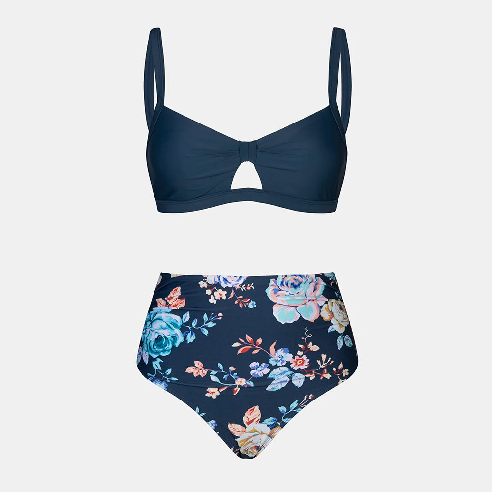 Cut Out Back Tie High Waist Bikini Sets Swimsuit Women Blue Floral Sexy Two Pieces Beachwear 2023 Bathing Suit Swimwear The Clothing Company Sydney