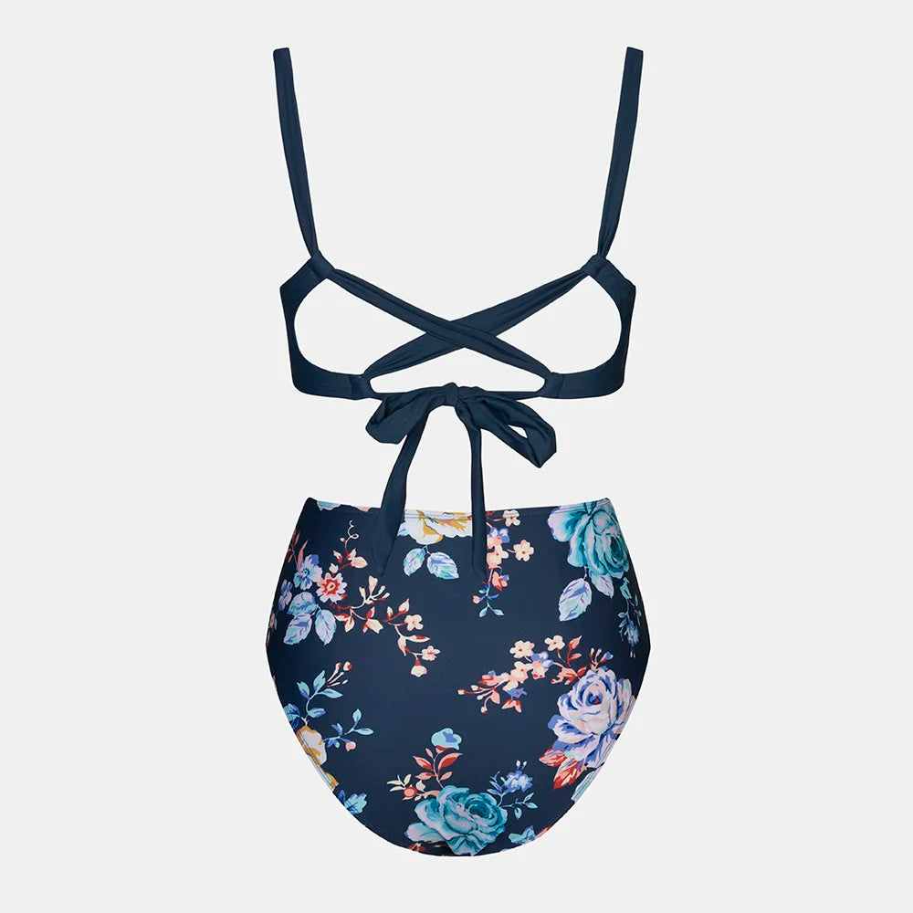 Cut Out Back Tie High Waist Bikini Sets Swimsuit Women Blue Floral Sexy Two Pieces Beachwear 2023 Bathing Suit Swimwear The Clothing Company Sydney