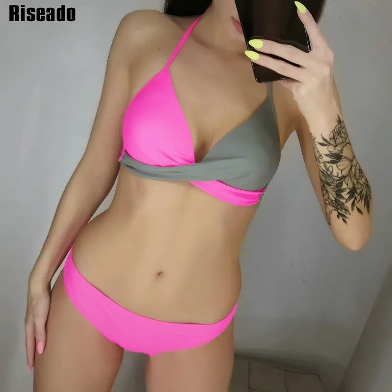 2 Piece Push Up Swimwear Women Swimsuits Bathing Suit Halter Leaf Print Beach Wear Bikini Set The Clothing Company Sydney