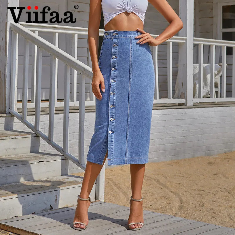 Blue Denim Single-Breasted Split Elegant Bodycon Midi Skirt Women's High Waist Long Jeans Skirts Streetwear The Clothing Company Sydney