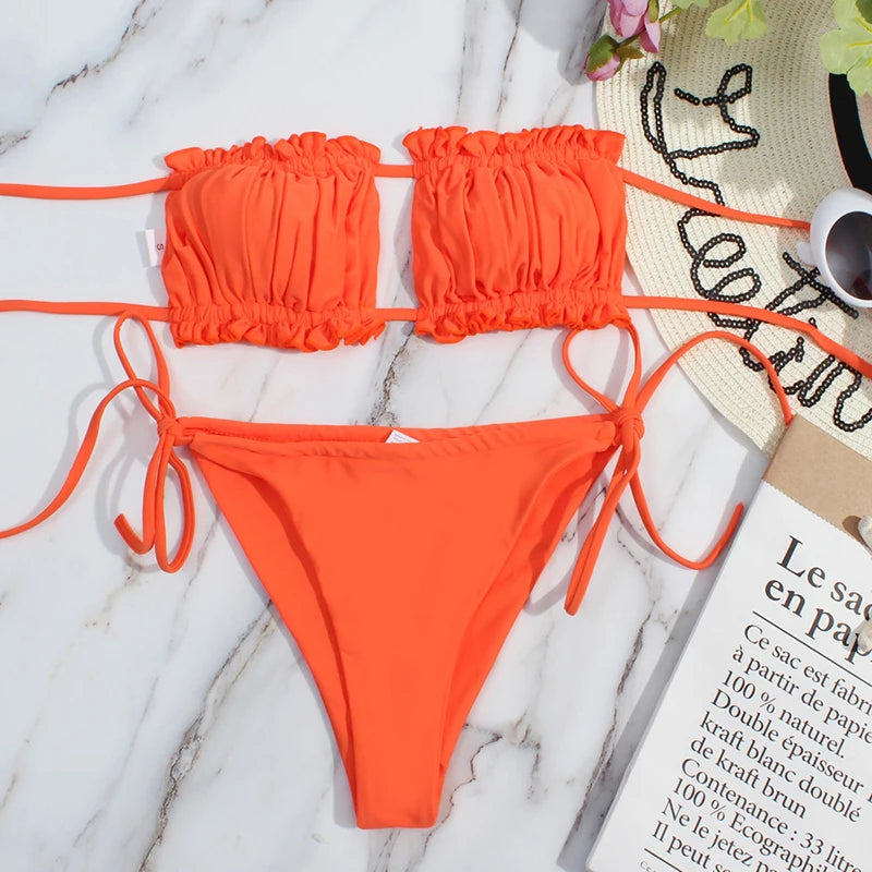 2 Piece Pleated Bandeau Swimsuit Low Waist Swimwear Beach Wear Mini Thong Bikini Set Bathing Suit - The Clothing Company Sydney