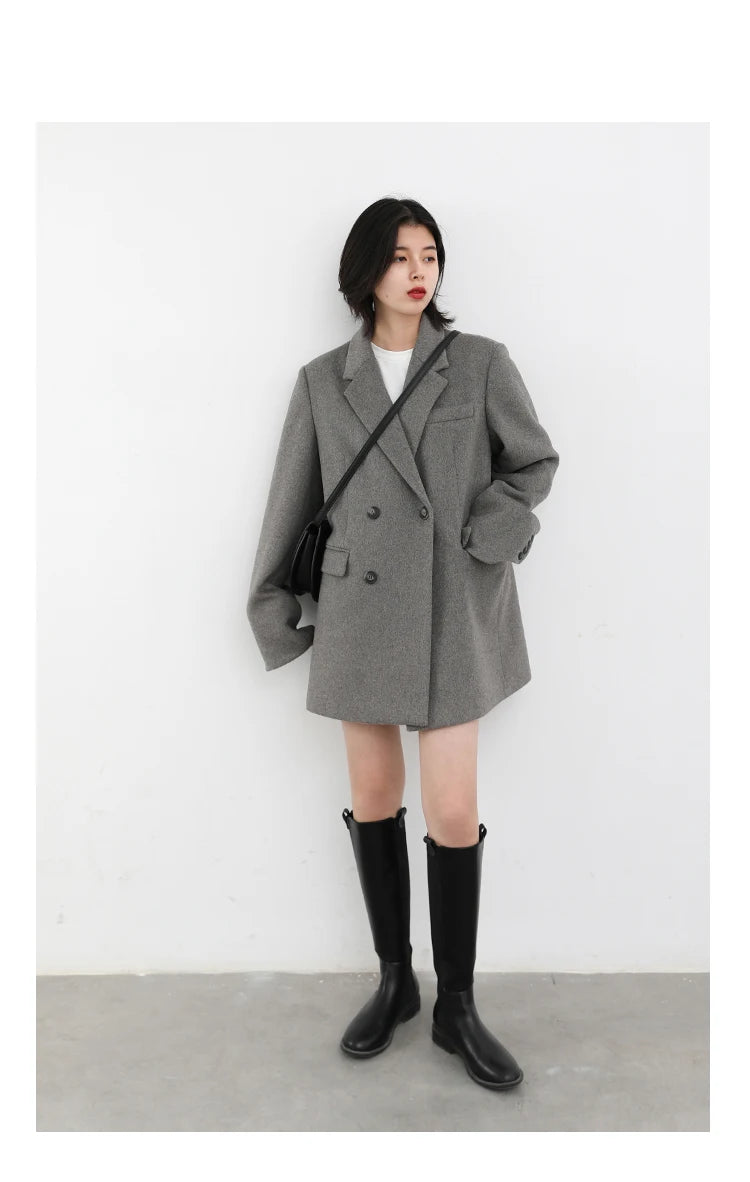 Women's Wool Blend Coat Solid Mid Long Woollen Blazer Thick Warm Blouse Overcoat Office Autumn Winter Jacket - The Clothing Company Sydney