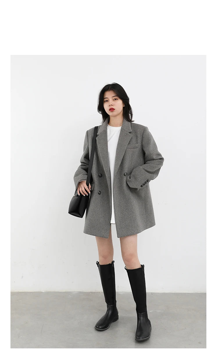 Women's Wool Blend Coat Solid Mid Long Woollen Blazer Thick Warm Blouse Overcoat Office Autumn Winter Jacket - The Clothing Company Sydney
