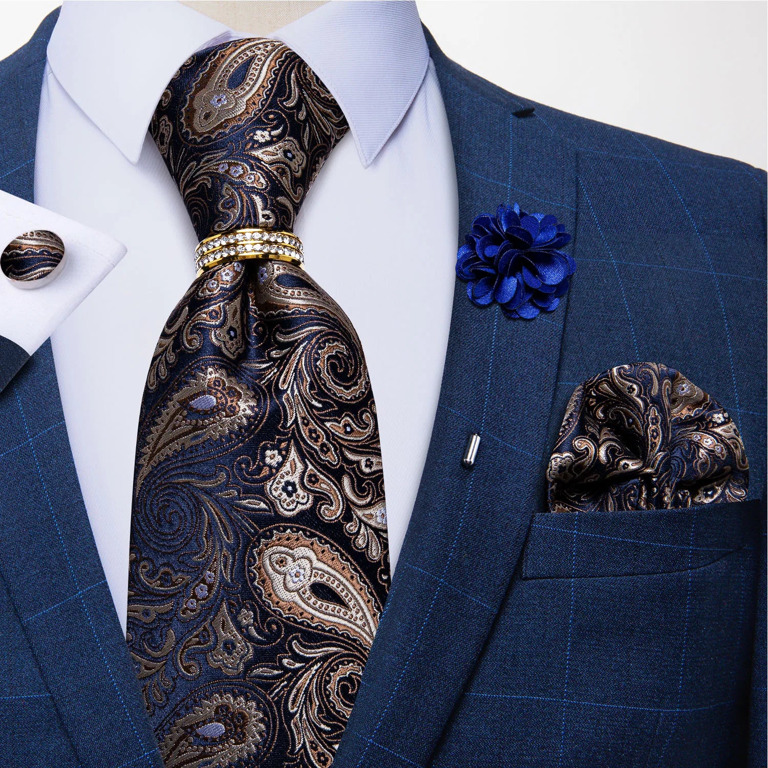 5 Piece Designer Blue Red Paisley Ties Wedding Party Neck Tie Luxury Tie Ring Brooch Silk Tie Set Gift For Men - The Clothing Company Sydney