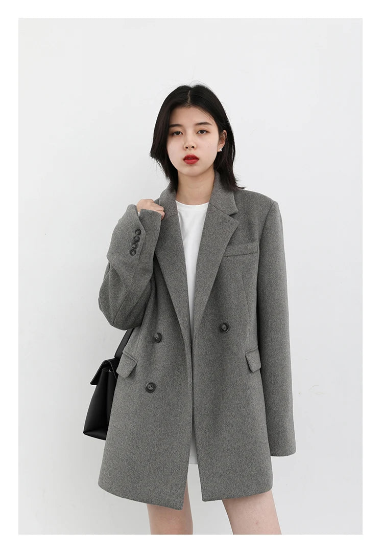 Women's Wool Blend Coat Solid Mid Long Woollen Blazer Thick Warm Blouse Overcoat Office Autumn Winter Jacket - The Clothing Company Sydney