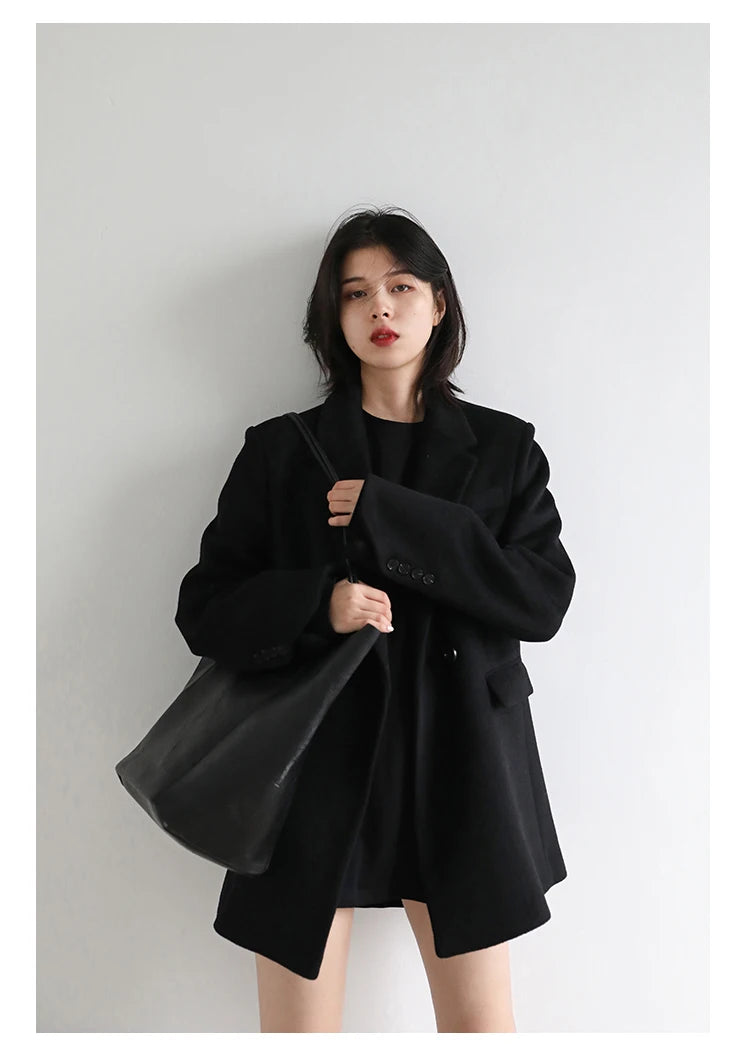 Women's Wool Blend Coat Solid Mid Long Woollen Blazer Thick Warm Blouse Overcoat Office Autumn Winter Jacket - The Clothing Company Sydney