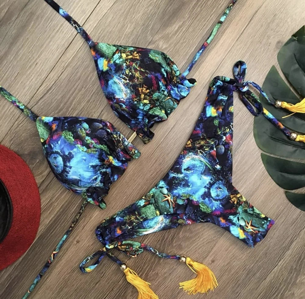 2 Piece Micro Swimsuit Women Feather Print Swimwear Female Bathing Suit Bikini Set The Clothing Company Sydney