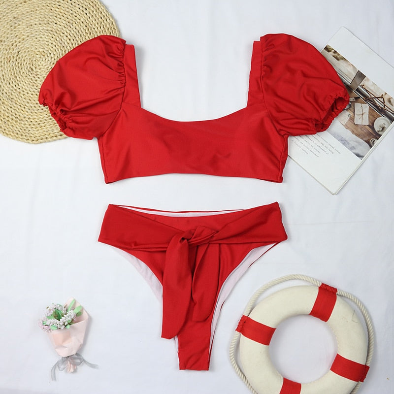 2 Piece Women Swimsuit Solid Colour Short Puff Sleeve Summer High Waist Cut Backless Bathing Suit Beachwear Bikini Set The Clothing Company Sydney