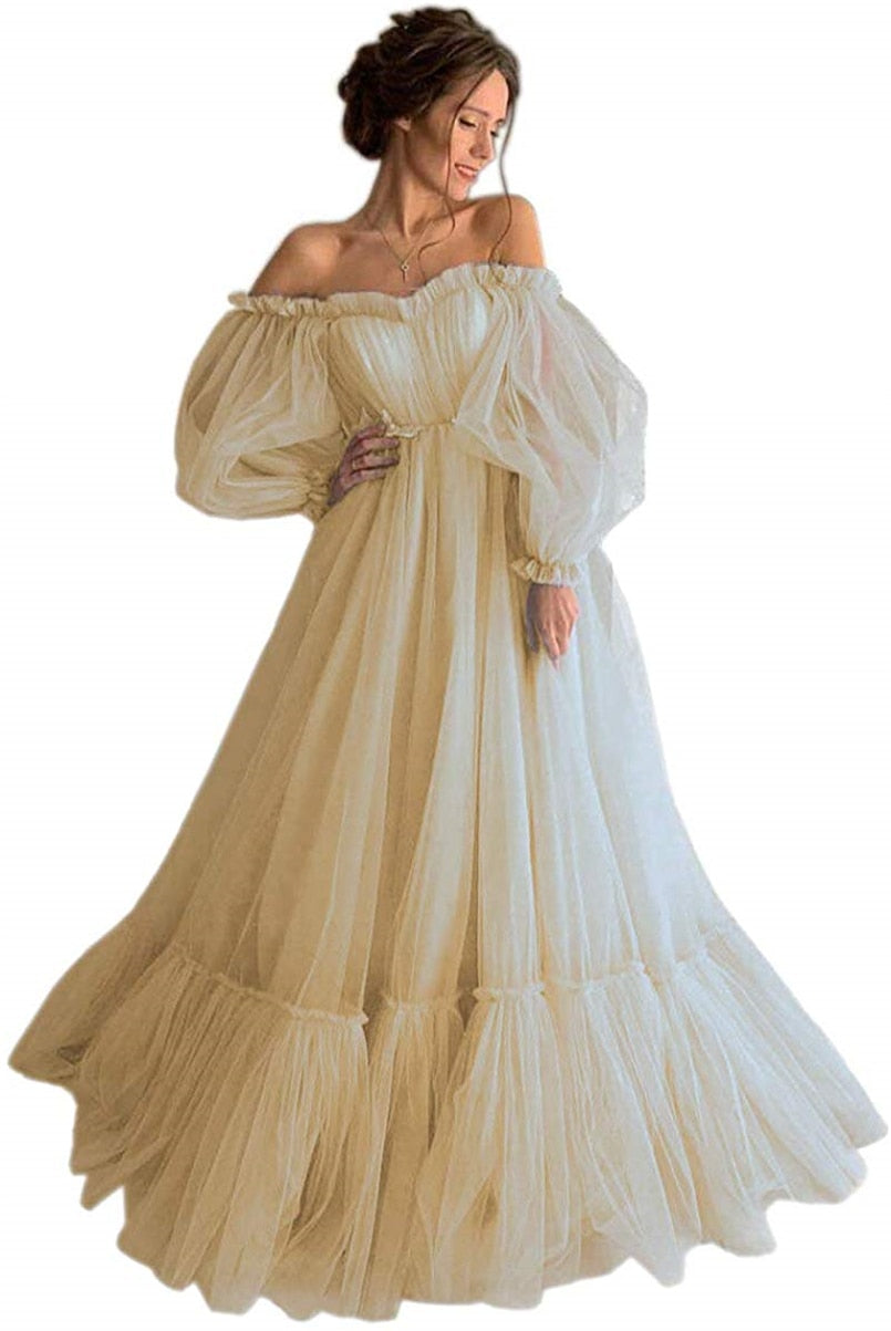Blue Prom Dresses Long Sleeve Off the Shoulder Princess Dress Tulle Lace-up Formal Evening Party Dresses Plus Size The Clothing Company Sydney
