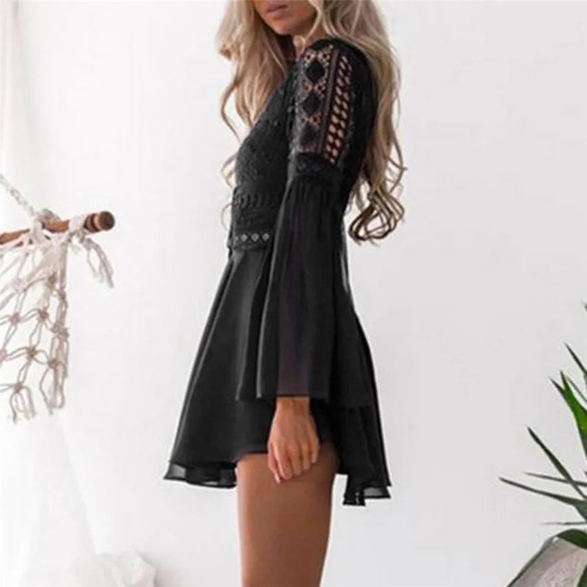 Hollow Out White Women's Mini Chiffon Semi-Sheer Plunge V-Neck Long Sleeve Crochet Lace Dress - The Clothing Company Sydney
