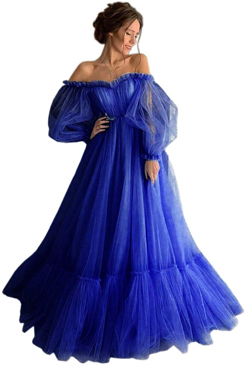 Blue Prom Dresses Long Sleeve Off the Shoulder Princess Dress Tulle Lace-up Formal Evening Party Dresses Plus Size The Clothing Company Sydney