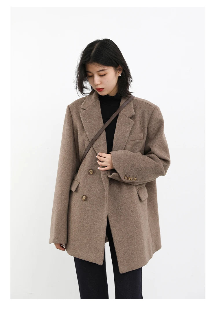 Women's Wool Blend Coat Solid Mid Long Woollen Blazer Thick Warm Blouse Overcoat Office Autumn Winter Jacket - The Clothing Company Sydney