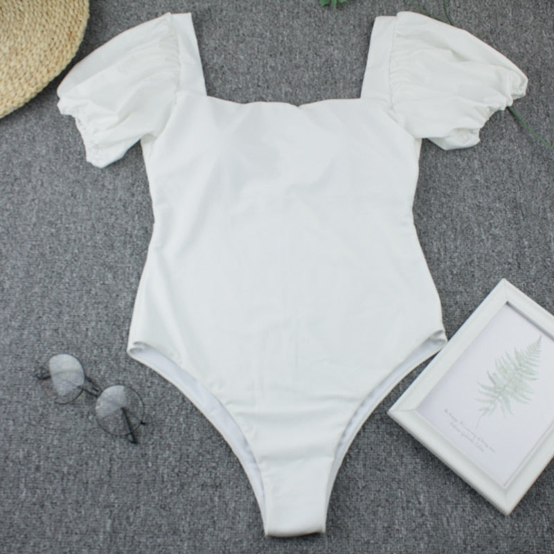 2 Piece Women Swimsuit Solid Colour Short Puff Sleeve Summer High Waist Cut Backless Bathing Suit Beachwear Bikini Set The Clothing Company Sydney