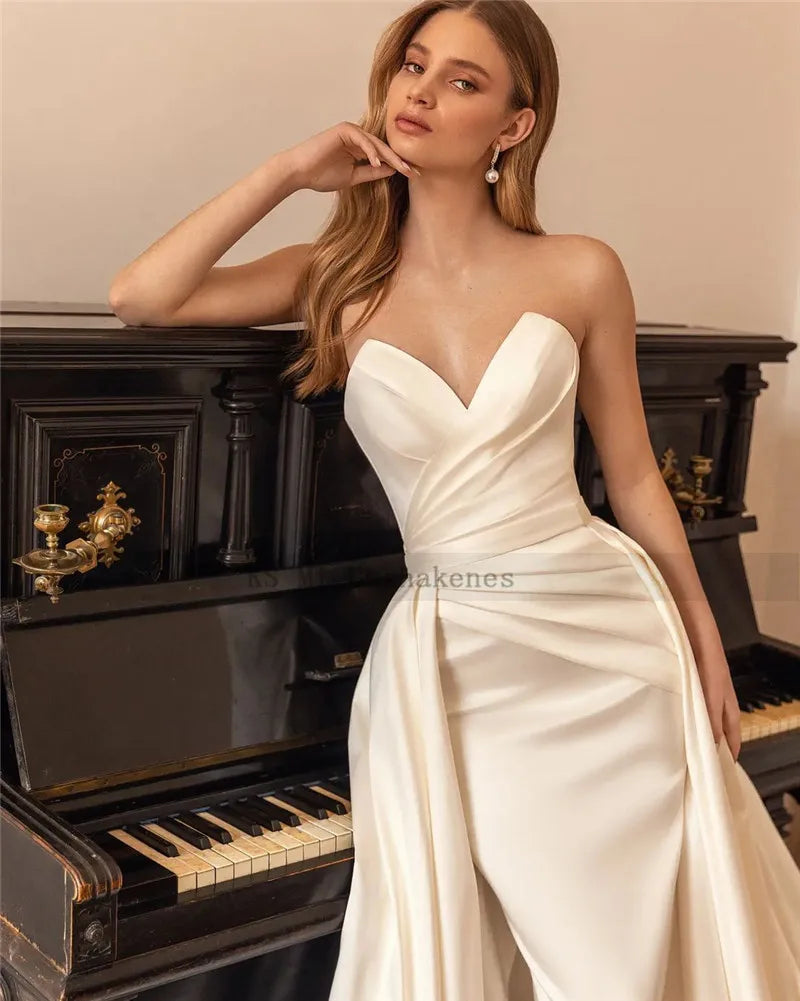 Elegant Ivory Detachable Train Wedding Dresses Mermaid Satin Bride Dress Wedding Gowns - The Clothing Company Sydney