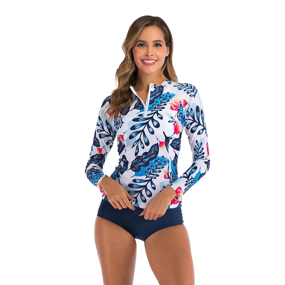 Long Sleeve Rash Guard Women Print Two Piece Swimsuit Zipper Swimwear Plus Size Bathing Suit Surfing Suit - The Clothing Company Sydney