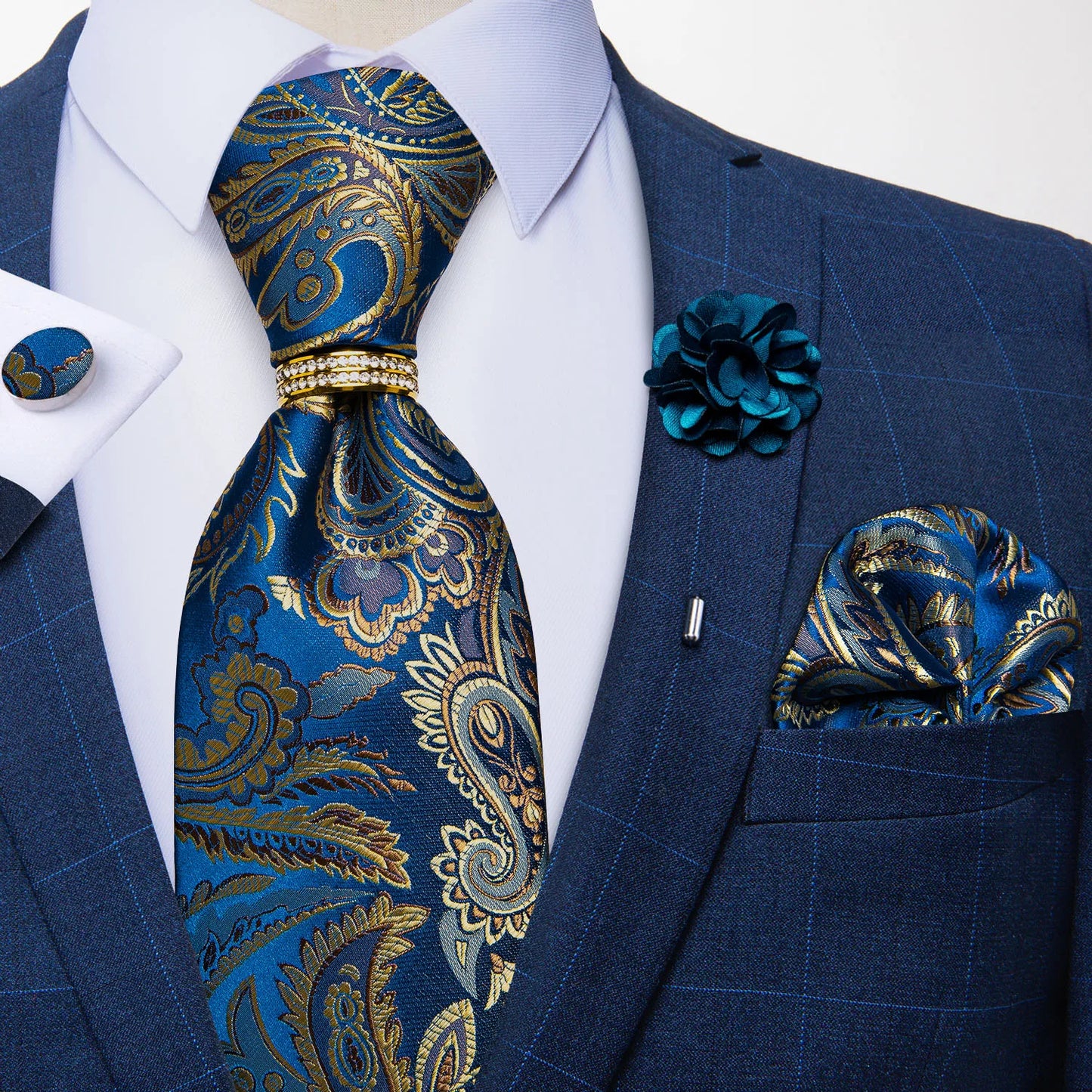 5 Piece Designer Blue Red Paisley Ties Wedding Party Neck Tie Luxury Tie Ring Brooch Silk Tie Set Gift For Men - The Clothing Company Sydney