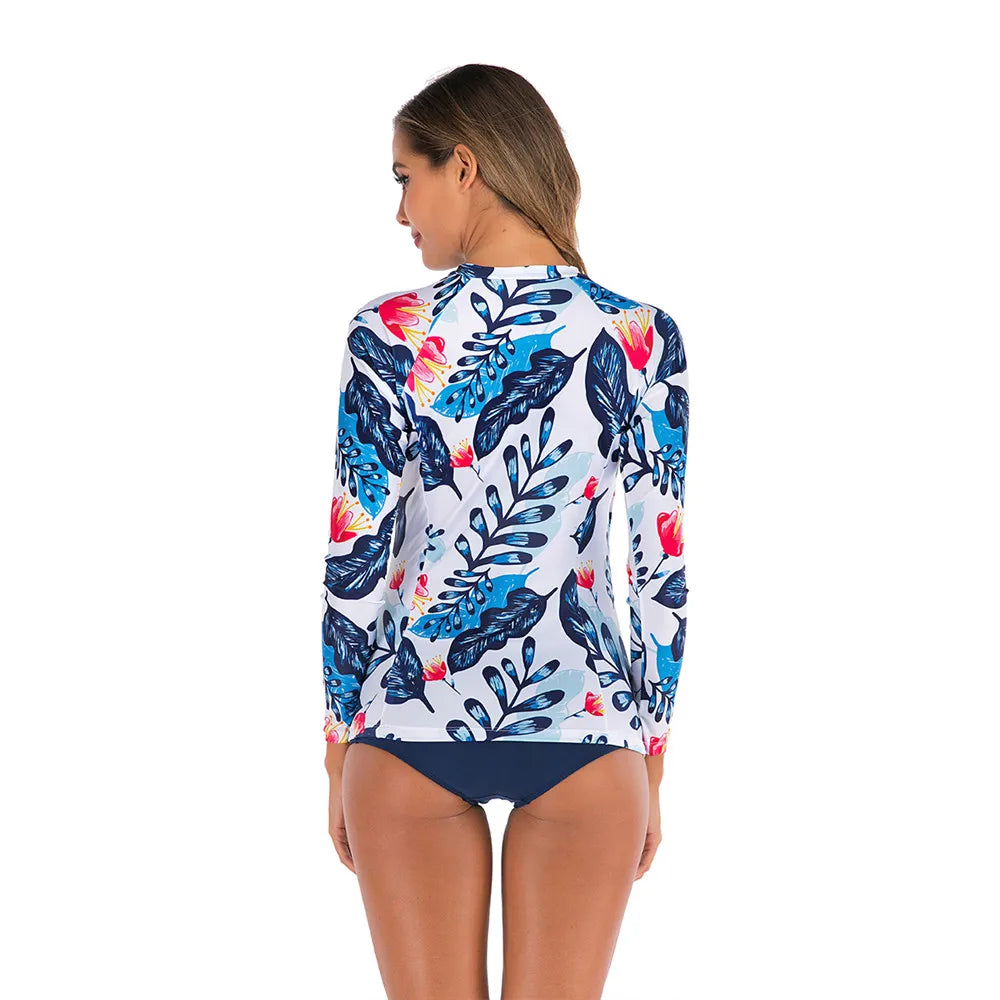 Long Sleeve Rash Guard Women Print Two Piece Swimsuit Zipper Swimwear Plus Size Bathing Suit Surfing Suit - The Clothing Company Sydney