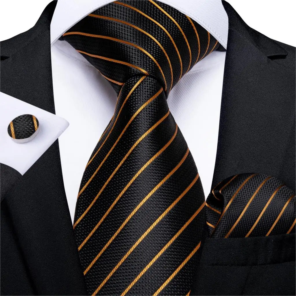 Fashion Men's Tie Luxury Gold Blue Black Striped Paisley Silk Wedding Tie For Men Designer Hanky Cufflinks Gift Tie Set - The Clothing Company Sydney