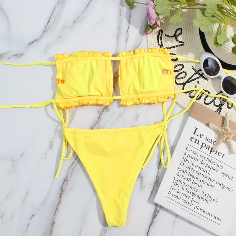 2 Piece Pleated Bandeau Swimsuit Low Waist Swimwear Beach Wear Mini Thong Bikini Set Bathing Suit - The Clothing Company Sydney
