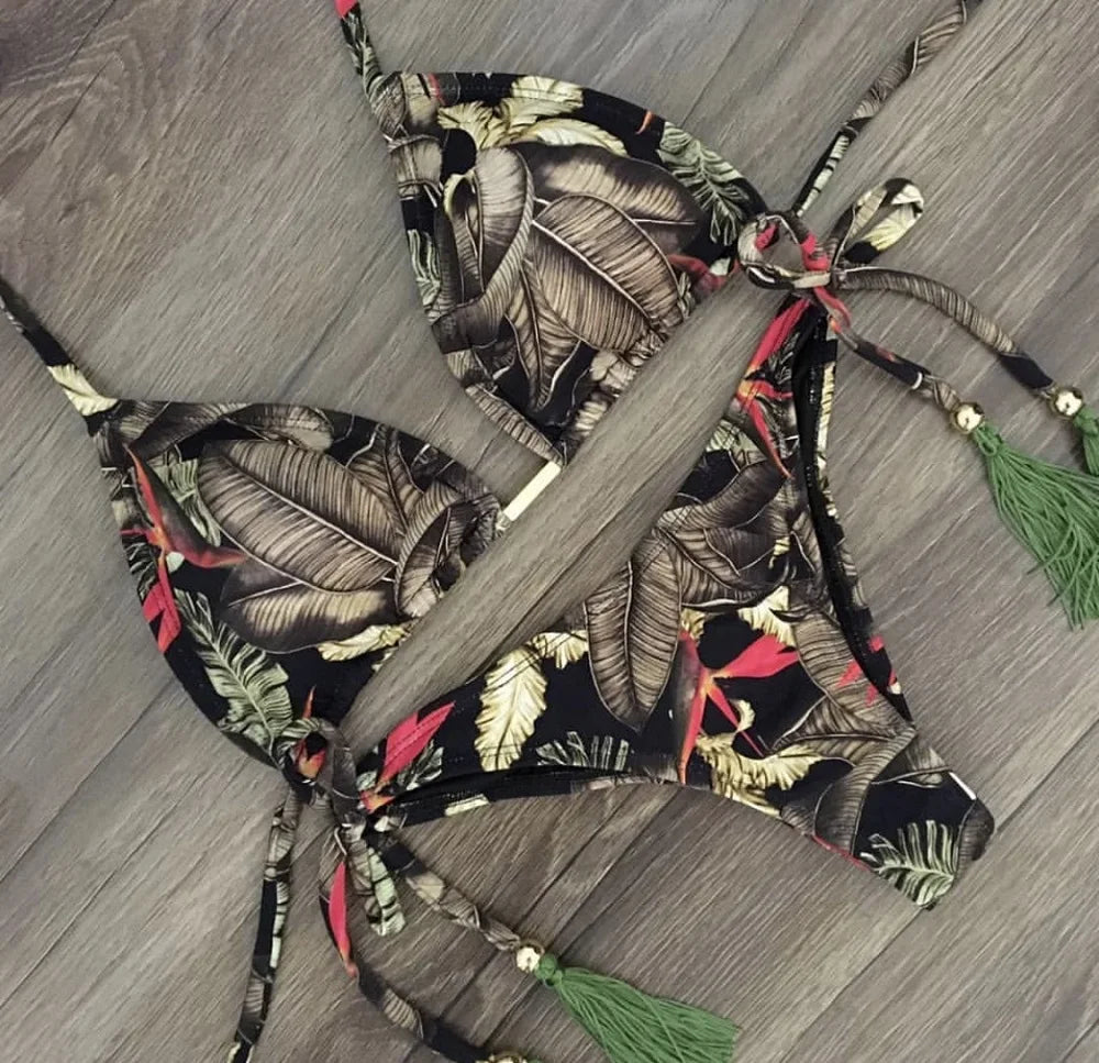 2 Piece Micro Swimsuit Women Feather Print Swimwear Female Bathing Suit Bikini Set The Clothing Company Sydney
