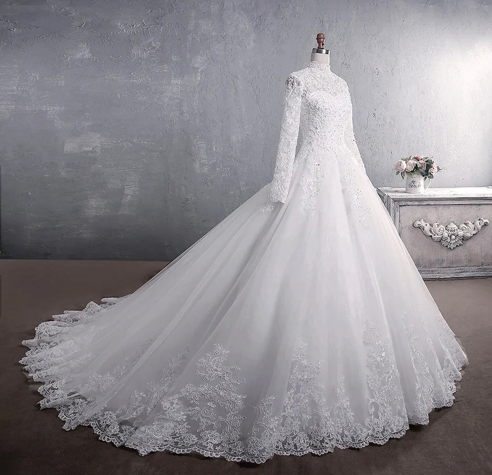 Elegant High Neck With Train Princess Bride Dress Luxury Lace Embroidery Wedding Gown Wedding Dress - The Clothing Company Sydney
