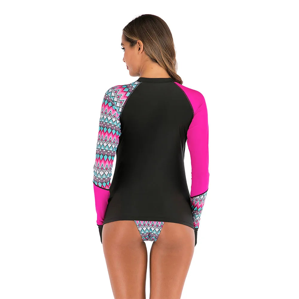Long Sleeve Rash Guard Women Print Two Piece Swimsuit Zipper Swimwear Plus Size Bathing Suit Surfing Suit - The Clothing Company Sydney