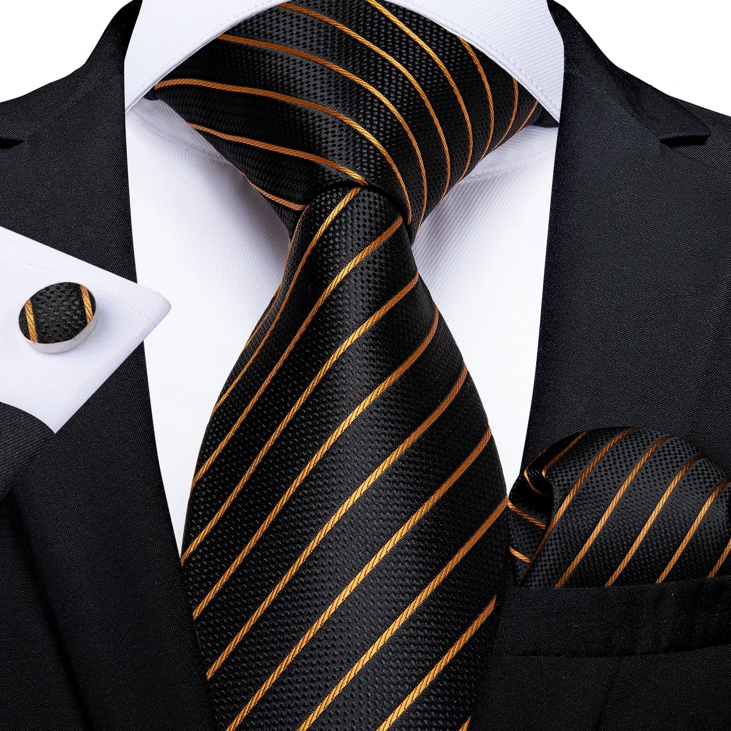 Fashion Men's Tie Luxury Gold Blue Black Striped Paisley Silk Wedding Tie For Men Designer Hanky Cufflinks Gift Tie Set - The Clothing Company Sydney