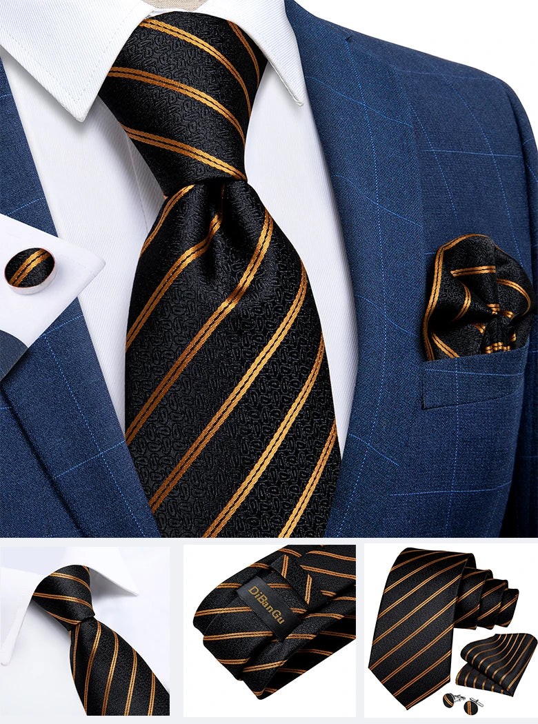 Fashion Men's Tie Luxury Gold Blue Black Striped Paisley Silk Wedding Tie For Men Designer Hanky Cufflinks Gift Tie Set - The Clothing Company Sydney