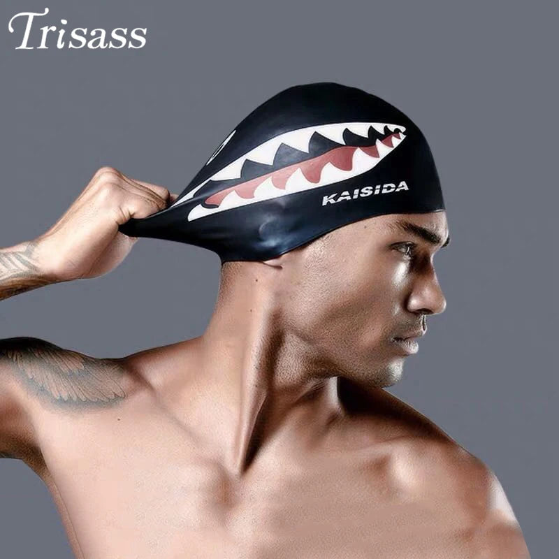 Men's Swimming Cap Adult Elastic Shark Swimming Caps Waterproof Protect Ears Long Hair Soft Women Bathing Cap - The Clothing Company Sydney