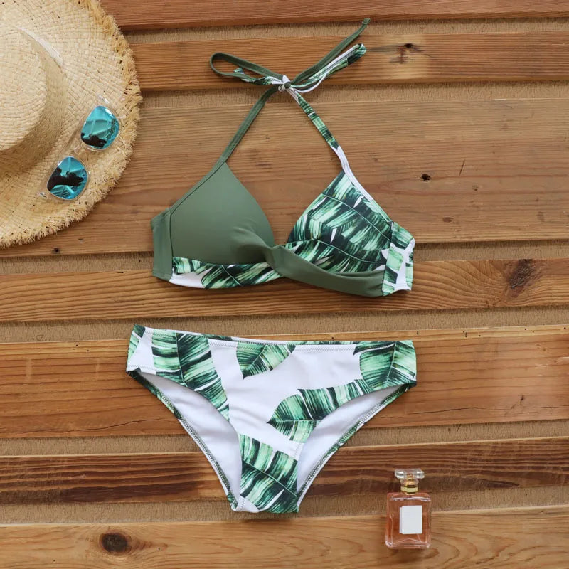 2 Piece Push Up Swimwear Women Swimsuits Bathing Suit Halter Leaf Print Beach Wear Bikini Set The Clothing Company Sydney