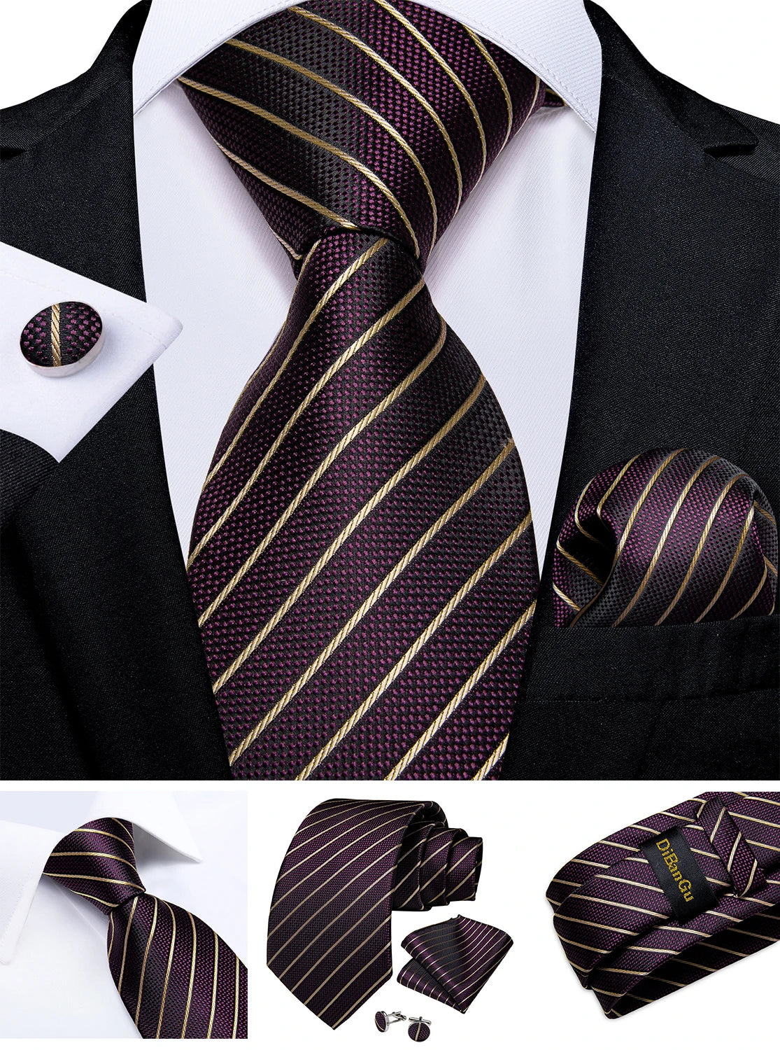 Fashion Men's Tie Luxury Gold Blue Black Striped Paisley Silk Wedding Tie For Men Designer Hanky Cufflinks Gift Tie Set - The Clothing Company Sydney