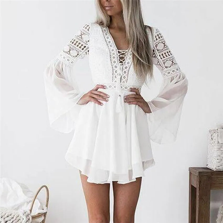 Hollow Out White Women's Mini Chiffon Semi-Sheer Plunge V-Neck Long Sleeve Crochet Lace Dress - The Clothing Company Sydney