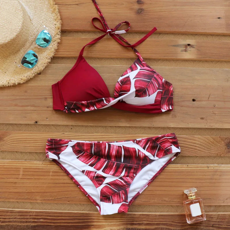 2 Piece Push Up Swimwear Women Swimsuits Bathing Suit Halter Leaf Print Beach Wear Bikini Set The Clothing Company Sydney