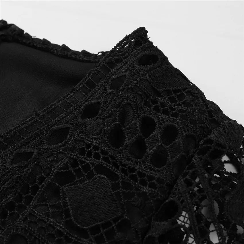 Hollow Out White Women's Mini Chiffon Semi-Sheer Plunge V-Neck Long Sleeve Crochet Lace Dress - The Clothing Company Sydney