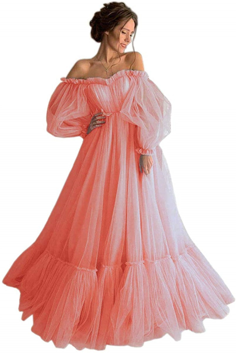 Blue Prom Dresses Long Sleeve Off the Shoulder Princess Dress Tulle Lace-up Formal Evening Party Dresses Plus Size The Clothing Company Sydney