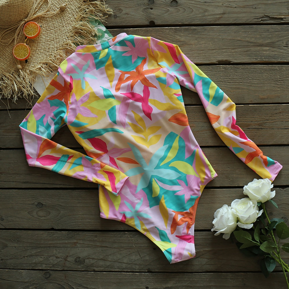 Long Sleeves Swim Suit Print One Piece Swimsuit Push Up Swimwear Women's Monokini Bathing Suit Summer Beach Wear The Clothing Company Sydney
