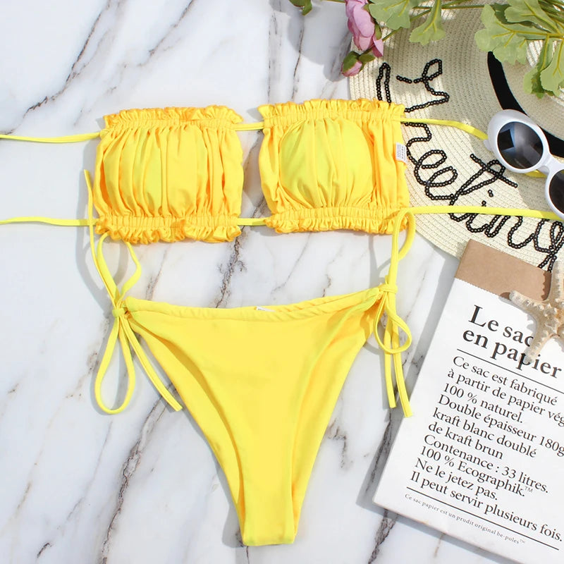 2 Piece Pleated Bandeau Swimsuit Low Waist Swimwear Beach Wear Mini Thong Bikini Set Bathing Suit - The Clothing Company Sydney