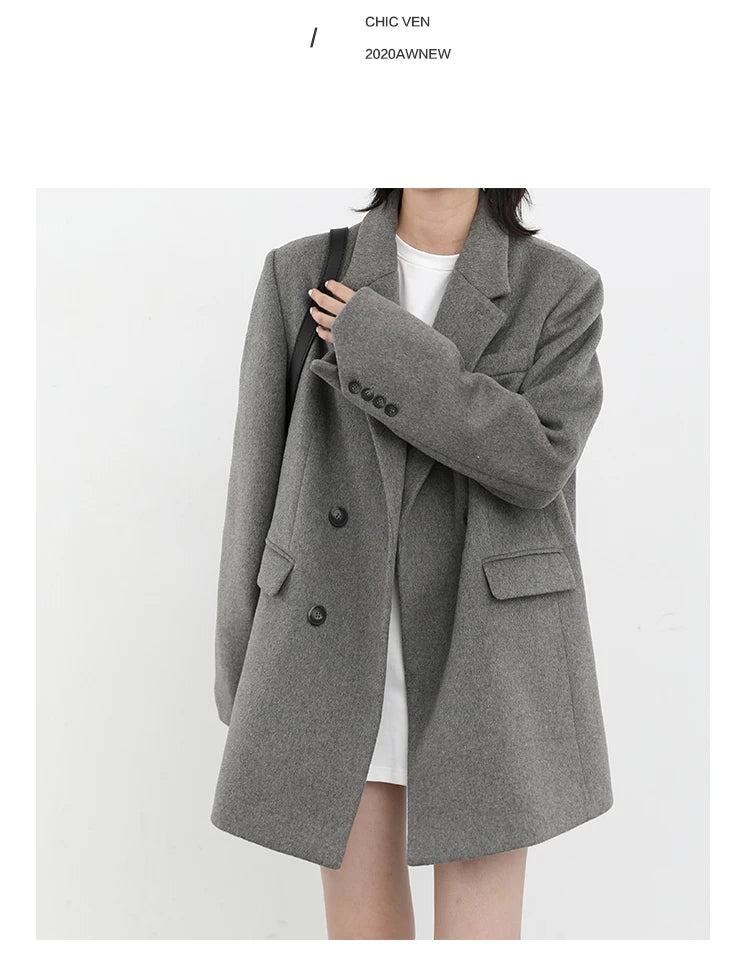 Women's Wool Blend Coat Solid Mid Long Woollen Blazer Thick Warm Blouse Overcoat Office Autumn Winter Jacket - The Clothing Company Sydney