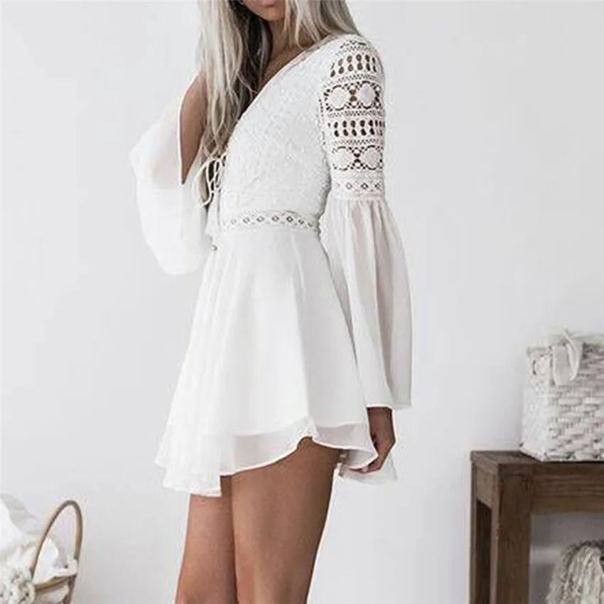Hollow Out White Women's Mini Chiffon Semi-Sheer Plunge V-Neck Long Sleeve Crochet Lace Dress - The Clothing Company Sydney