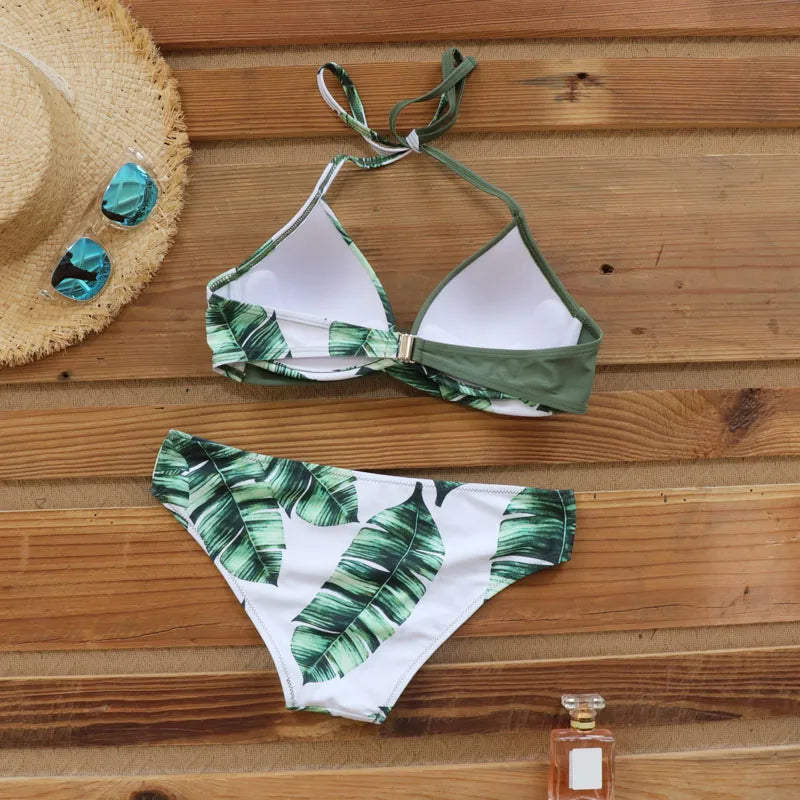 2 Piece Push Up Swimwear Women Swimsuits Bathing Suit Halter Leaf Print Beach Wear Bikini Set The Clothing Company Sydney