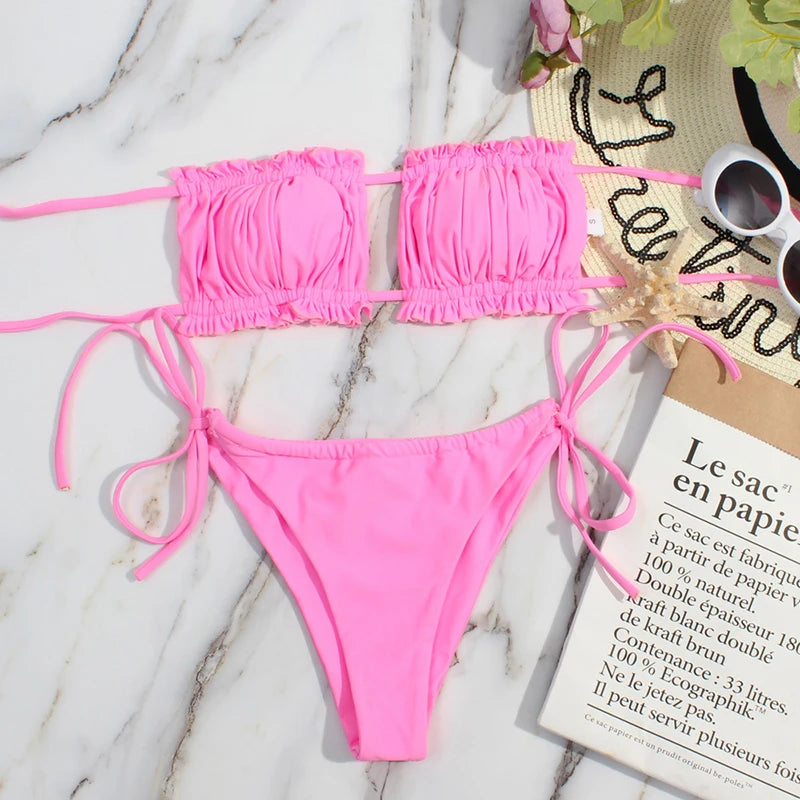 2 Piece Pleated Bandeau Swimsuit Low Waist Swimwear Beach Wear Mini Thong Bikini Set Bathing Suit - The Clothing Company Sydney