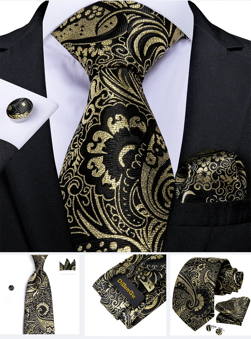 Fashion Men's Tie Luxury Gold Blue Black Striped Paisley Silk Wedding Tie For Men Designer Hanky Cufflinks Gift Tie Set - The Clothing Company Sydney