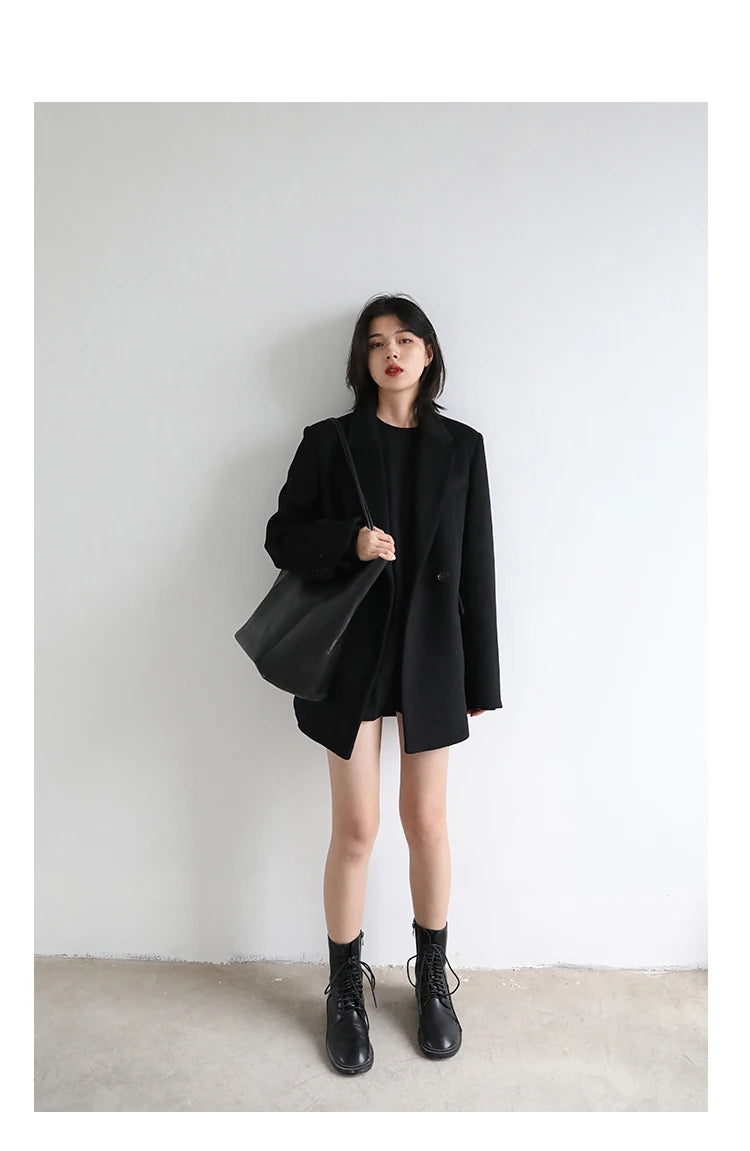 Women's Wool Blend Coat Solid Mid Long Woollen Blazer Thick Warm Blouse Overcoat Office Autumn Winter Jacket - The Clothing Company Sydney