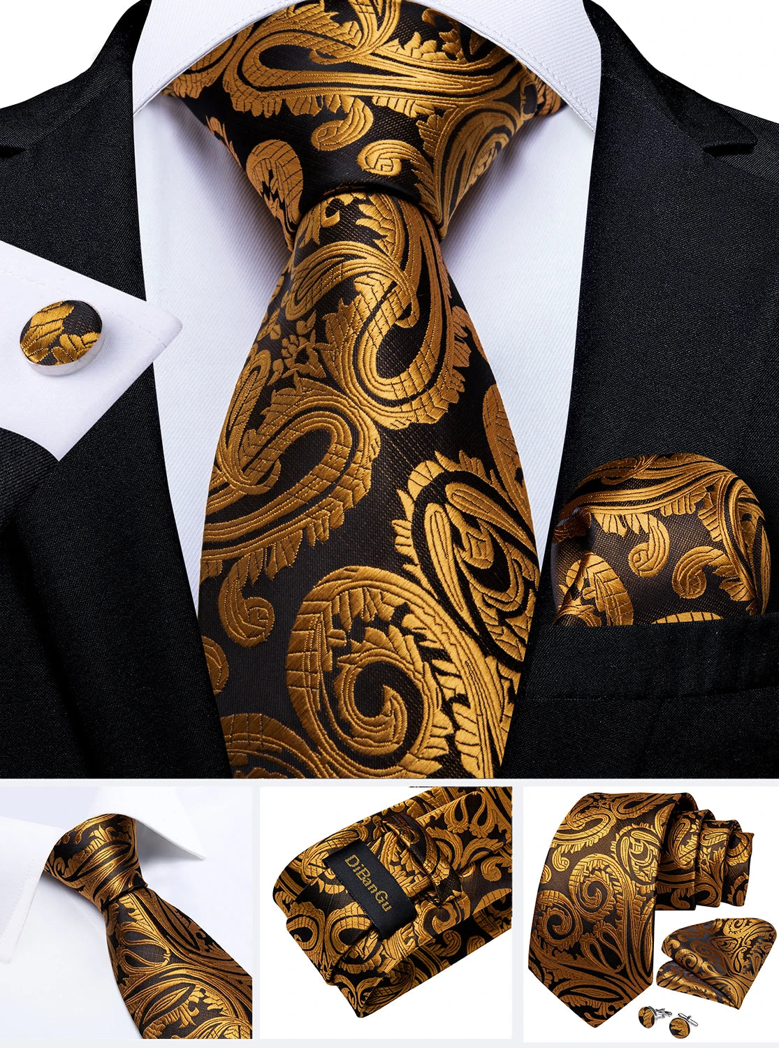 Fashion Men's Tie Luxury Gold Blue Black Striped Paisley Silk Wedding Tie For Men Designer Hanky Cufflinks Gift Tie Set - The Clothing Company Sydney