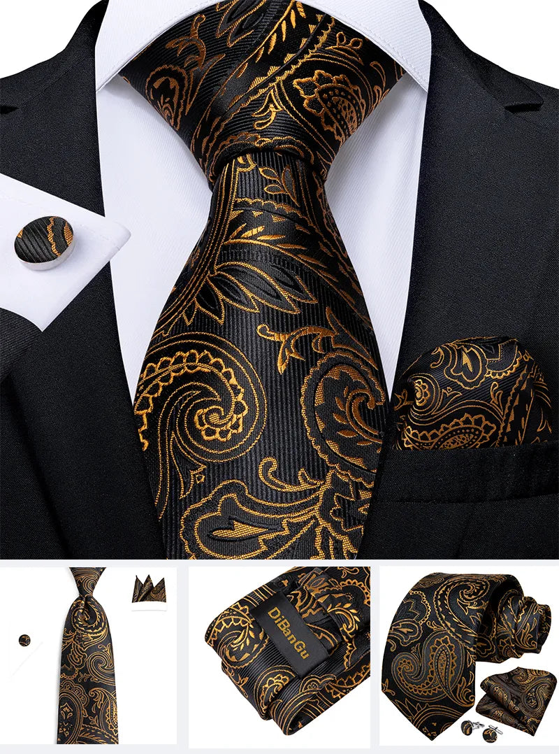 Fashion Men's Tie Luxury Gold Blue Black Striped Paisley Silk Wedding Tie For Men Designer Hanky Cufflinks Gift Tie Set - The Clothing Company Sydney