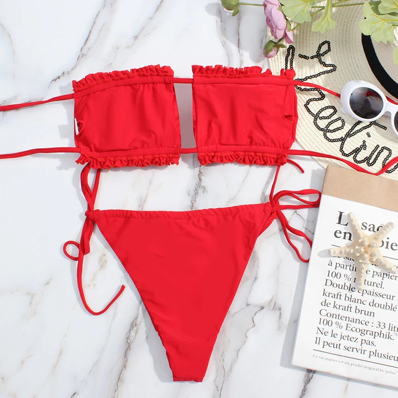 2 Piece Pleated Bandeau Swimsuit Low Waist Swimwear Beach Wear Mini Thong Bikini Set Bathing Suit - The Clothing Company Sydney