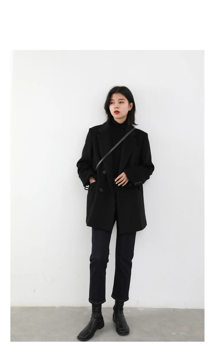 Women's Wool Blend Coat Solid Mid Long Woollen Blazer Thick Warm Blouse Overcoat Office Autumn Winter Jacket - The Clothing Company Sydney
